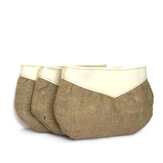 bridesmaid clutch set // ivory cream vegan leather - natural rustic burlap // set of 3 // bridal clutch purse - outdoor wedding