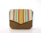 travel clutch // brown herringbone canvas - summer striped cotton in mustard brown coral turquoise // cosmetics bag with mirror - makeup bag