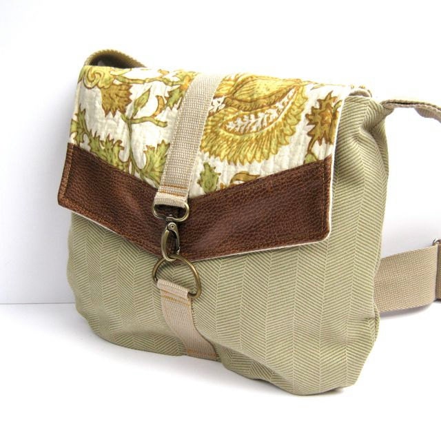 satchel // spring green herringbone canvas - vintage inspired yellow floral cotton - textured brown vegan leather // crossbody bag
