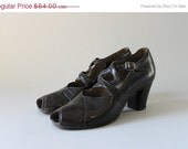 Storewide Sale 1930s Shoes / Vintage 30s Black Leather Peeptoes / 30s Strappy Heels