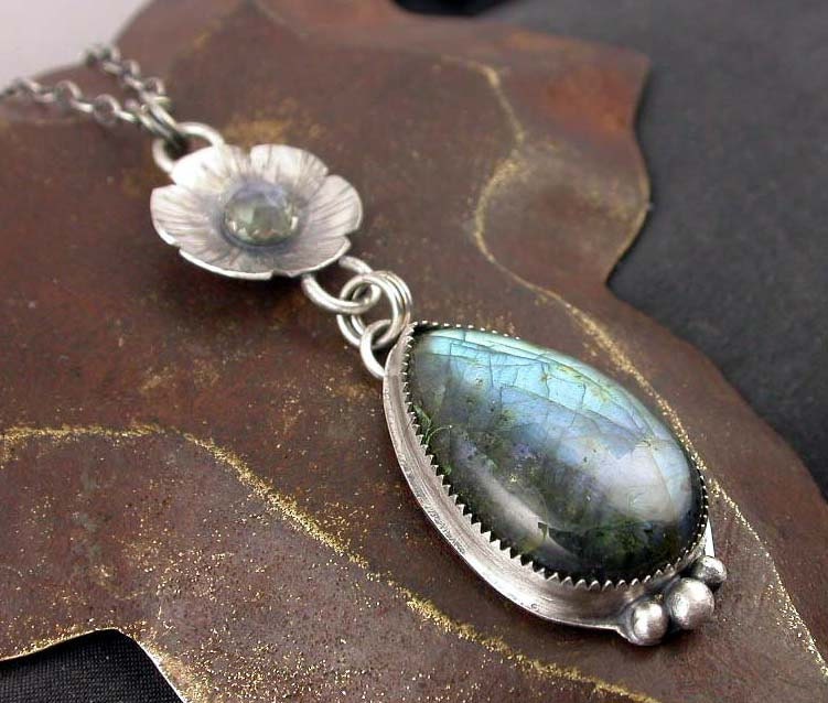 Labradorite and Moonstone Cabochon Flower Pendant Necklace