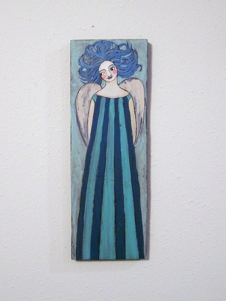 Folk Art Angel Original Painting  Blue Dream Primitive rustic Shabby
