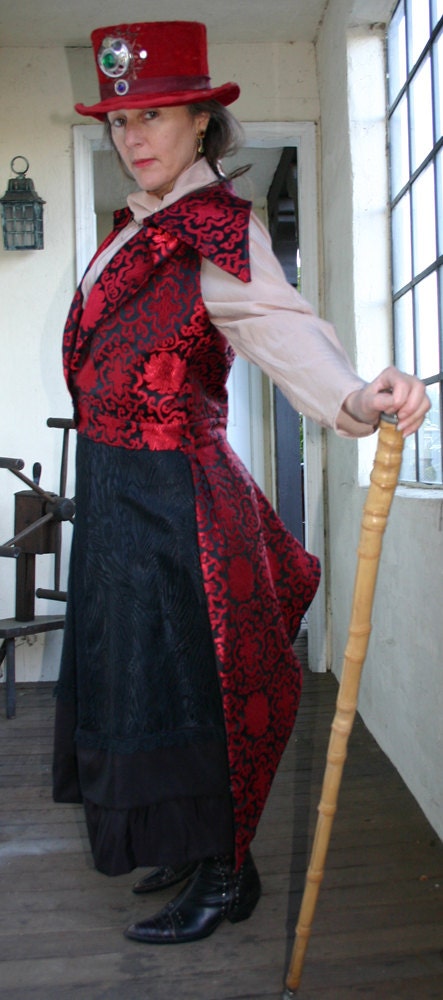 Women's 1895-style Steampunk Red and Black SIlk Brocade Outer Great Vest