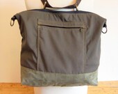 Huge denim convertible bag (backpack, hand bag, sholder bag, cross body) in Gray and dark Khaki