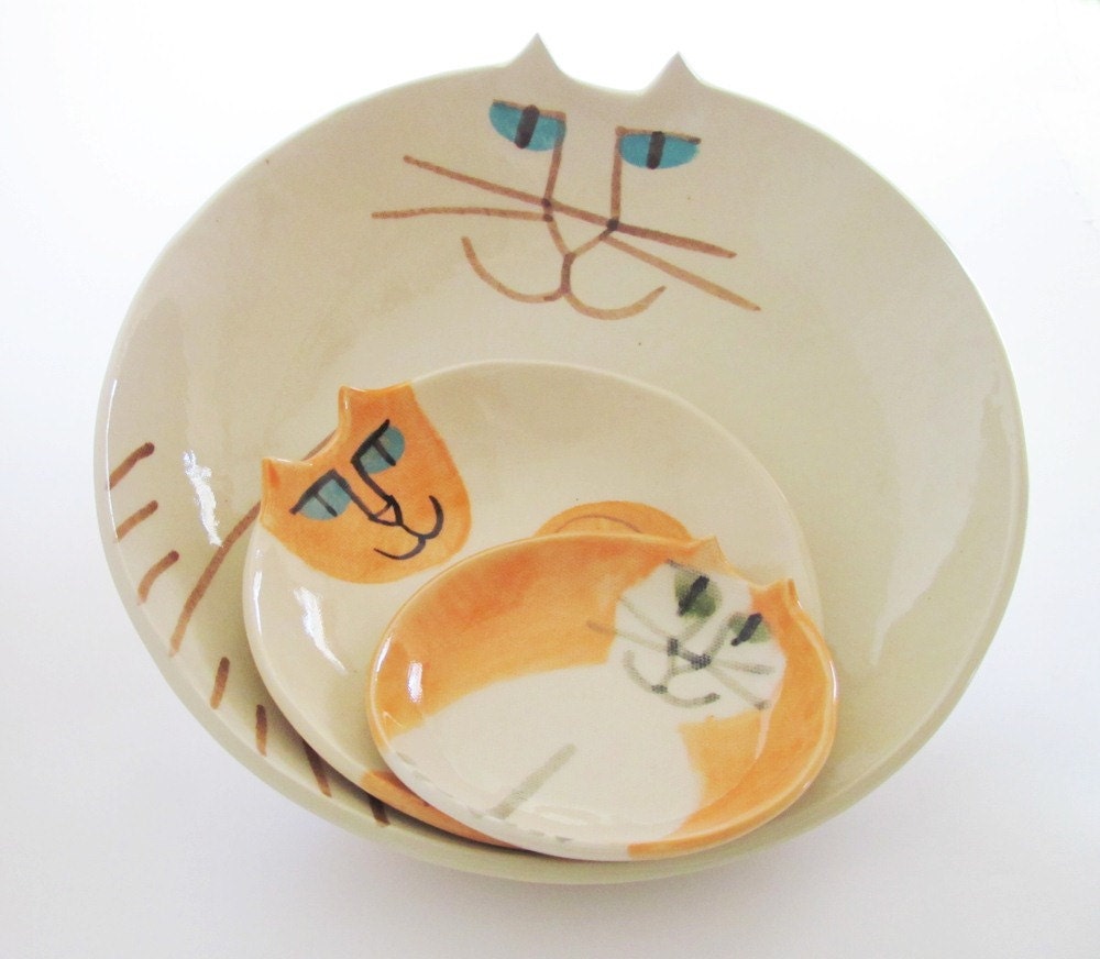 Cat Pottery: feline decor bowl collection white orange whimsical art ceramic