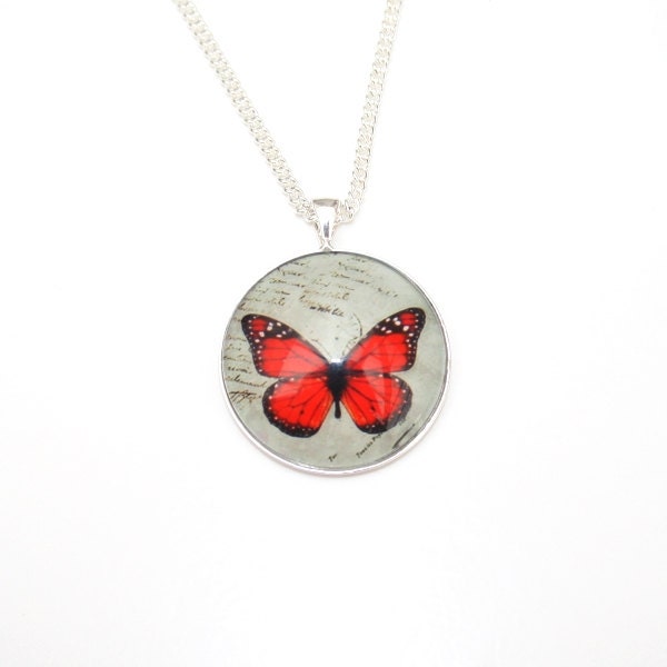 Red Butterfly Necklace, Cameo Necklace, Nature Illustration, Insect Pendant
