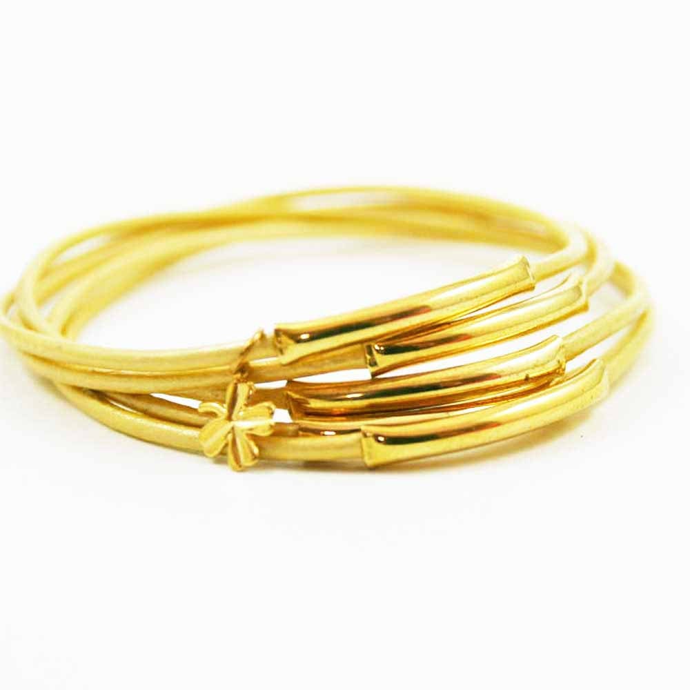 Gold Leather Bangles with Gold Four Leaf Clover Charm, Lucky Bangles, Boho Chic Bracelets, Sundance Jewelry