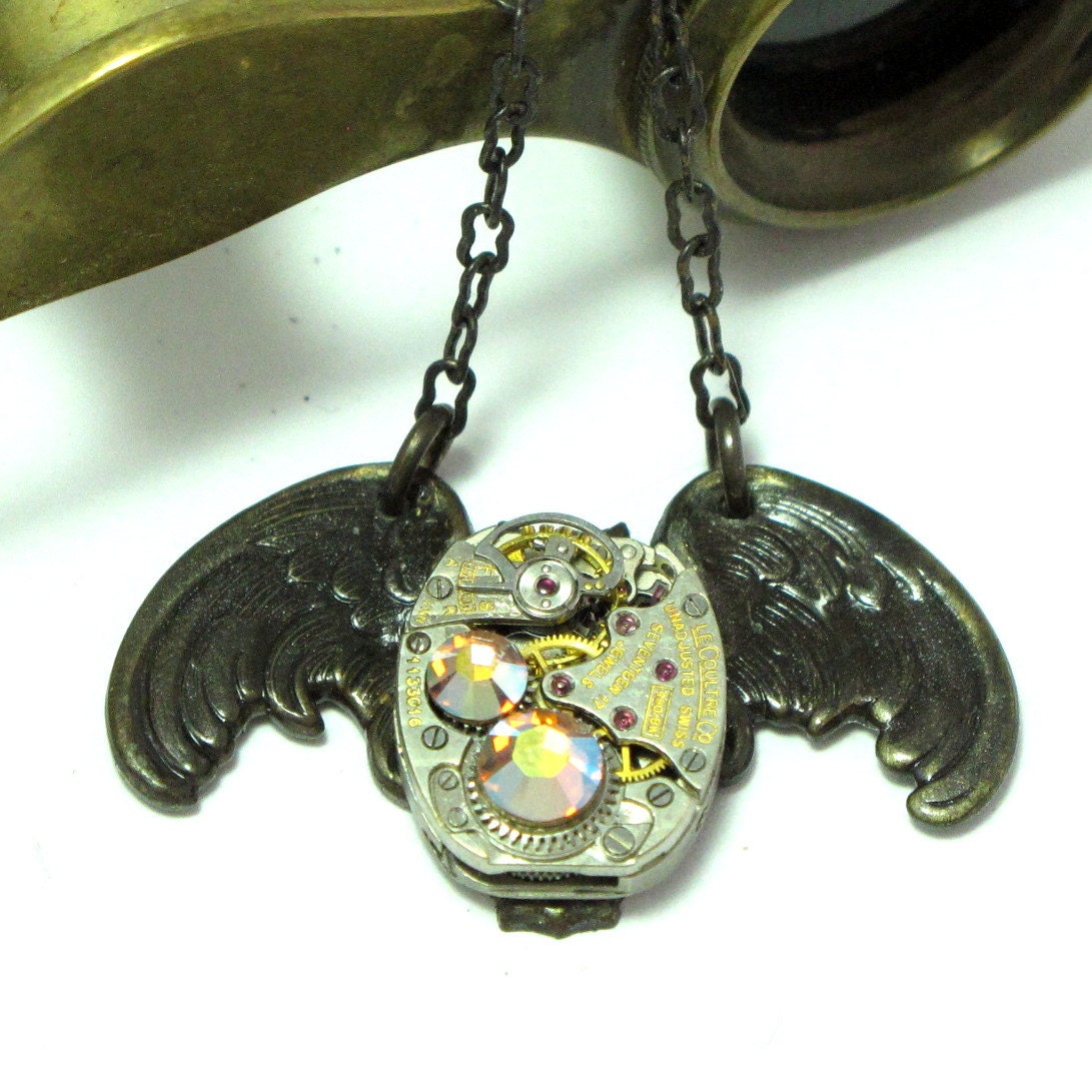Dark Brass Wings of Time Steampunk Vintage 17 Jewels Watch Necklace Swarovski Crystal Designed by Mystic Pieces