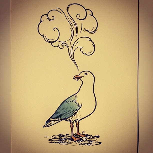 Linocut print Smoking Seagull