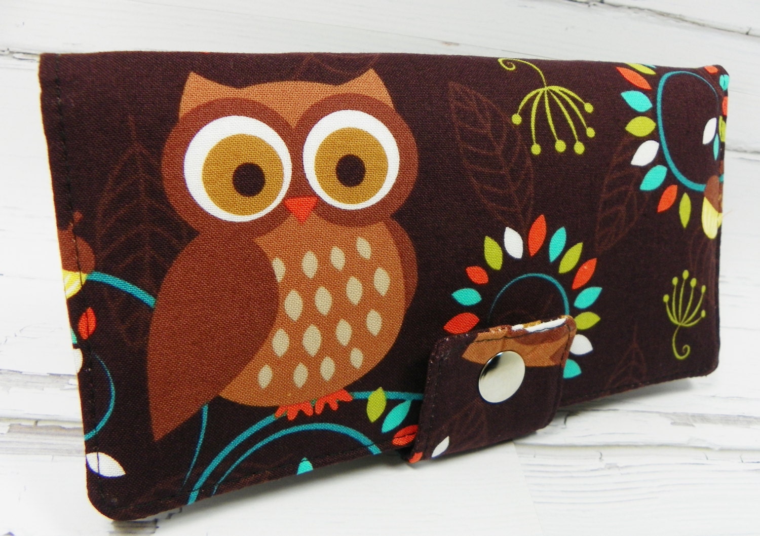 Handmade Long Wallet  BiFold Clutch - Happy Hooters brown owl