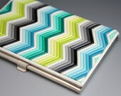 Chevron Business Card Case in Turquoise, Gray, Green Ombre Polymer Clay