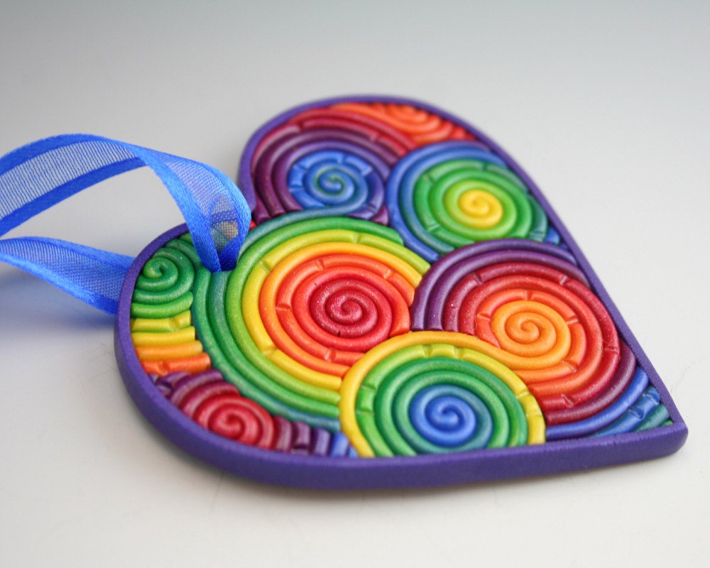 SALE Heart Ornament in Rainbow Polymer Clay Filigree