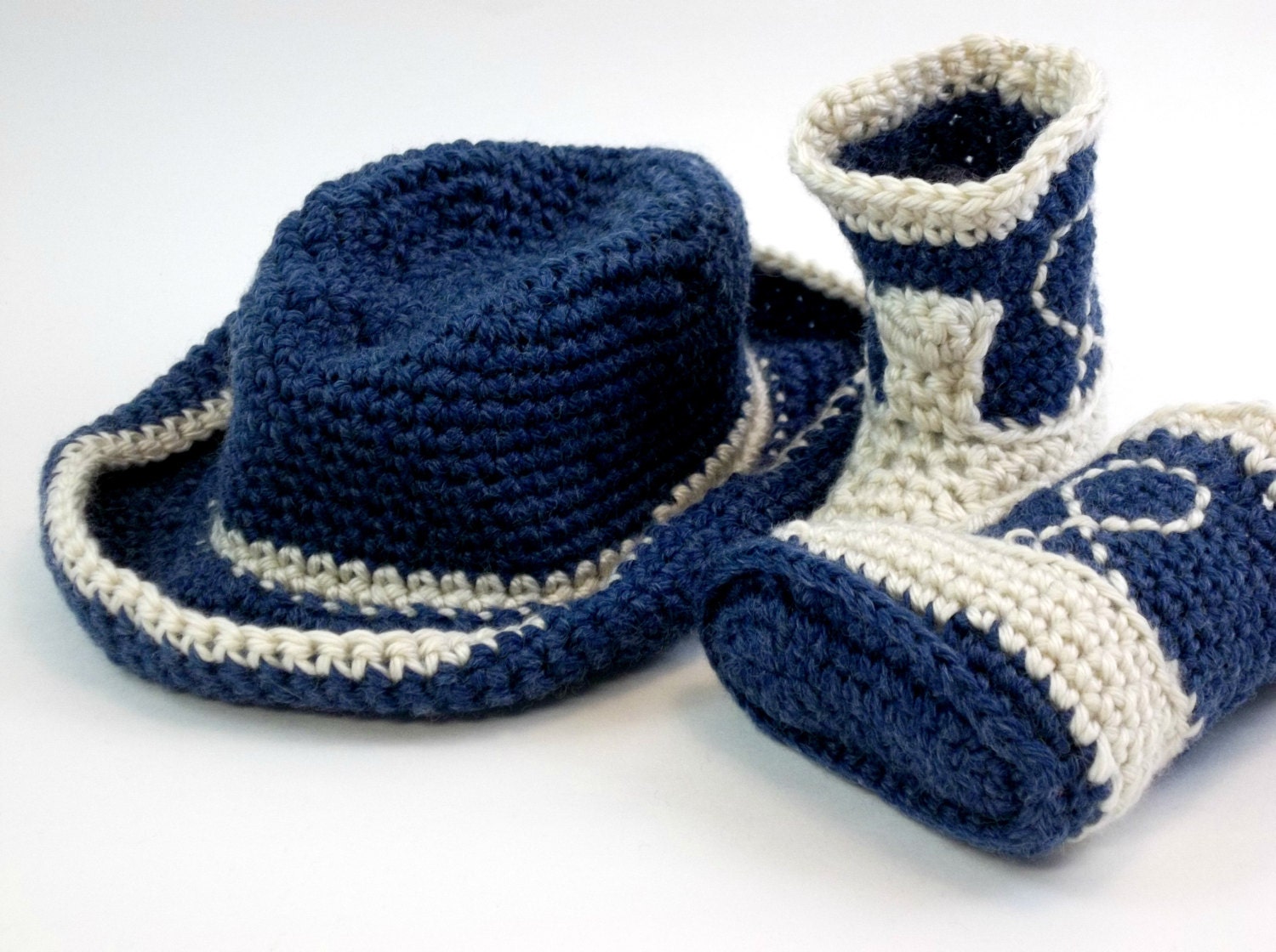 NEWBORN Cowboy Baby Set Booties and Hat Denim and Natural Crochet Baby Set Baby Photo Prop