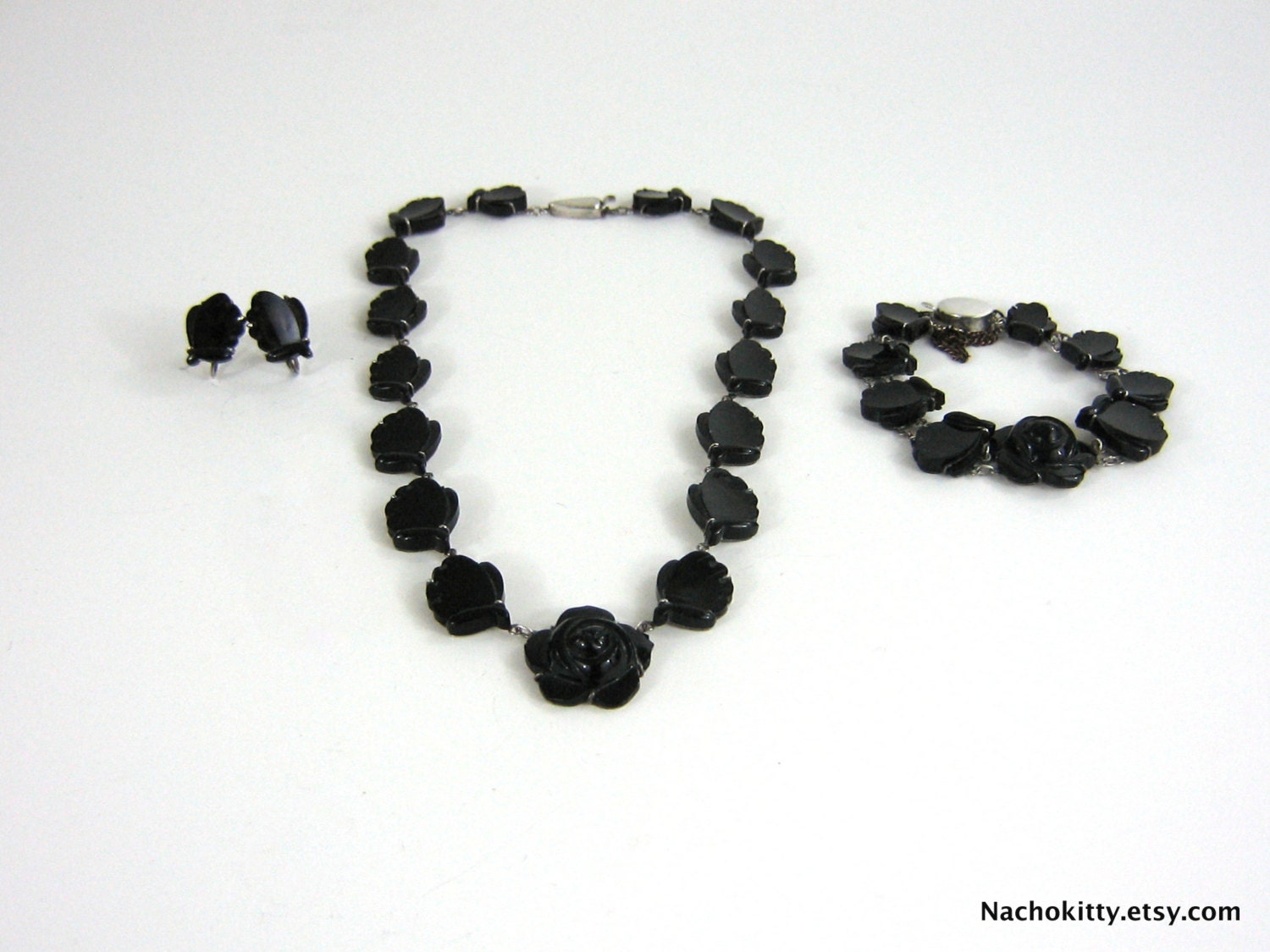 1900s Set: French Jet Rose Necklace Earrings & Bracelet Sterling