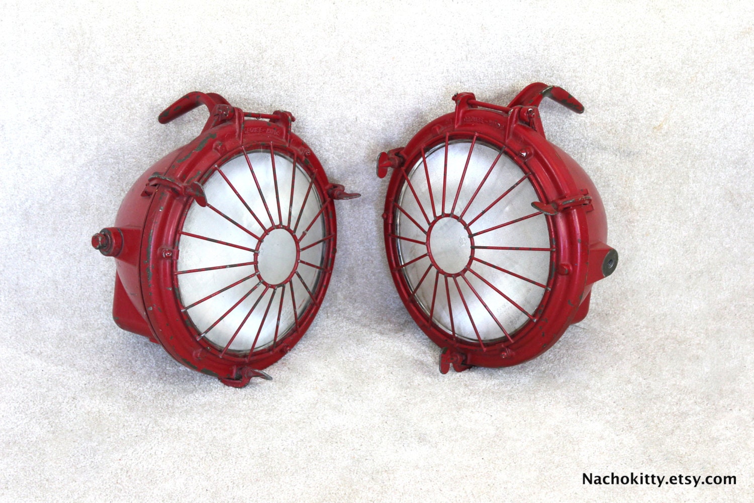 2 Industrial Antique Spot Lights Crouse Hinds Red Metal Refractor Glass