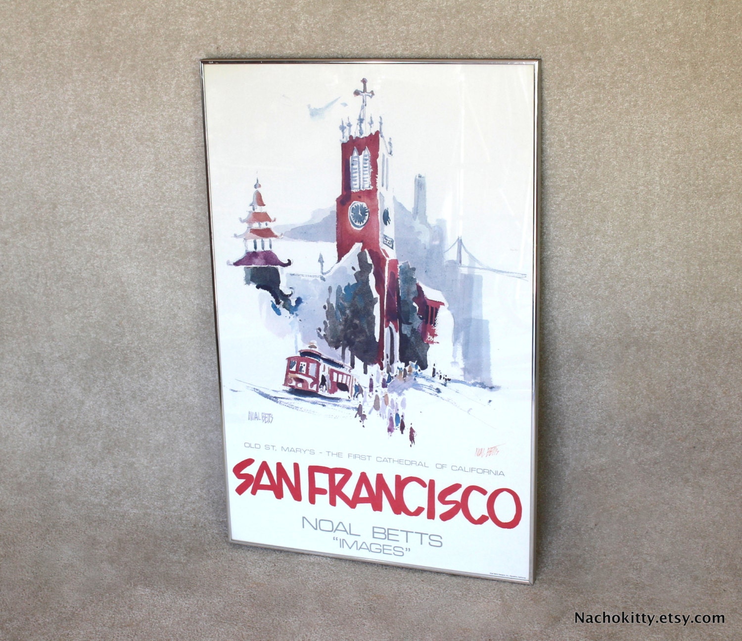 1960s San Francisco Old Saint Marys Watercolor Print, Signed by the Artist