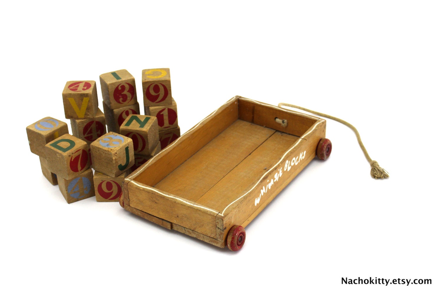 Whimsie Blocks, Block Set in Wooden Rolling Wagon, Vintage Toy