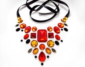 Floating Gem Necklace, Red Statement Necklace, Orange, Black, Illusion Jewelry, Pin Up, Burlesque Necklace, Sparkly, Jewel, Fantasy Necklace