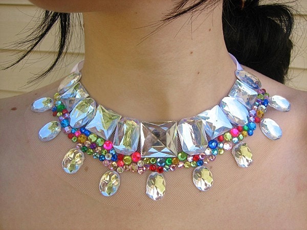 Colorful Rainbow and Crystal Clear Rhinestone Choker, Dramatic and Funky Fashion Statement Necklace, Unique Wedding Accessory