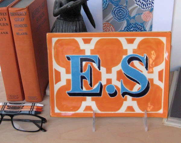 ON SALE "ES" Mono Tray  in Tangerine/True Blue/Navy colorway