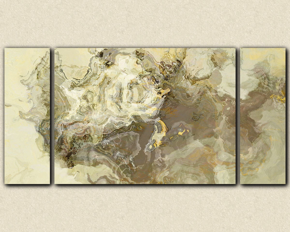 Sofa size abstract art triptych canvas print, 30x60 gallery wrap giclee in neutral tones, from abstract painting "Barely There"