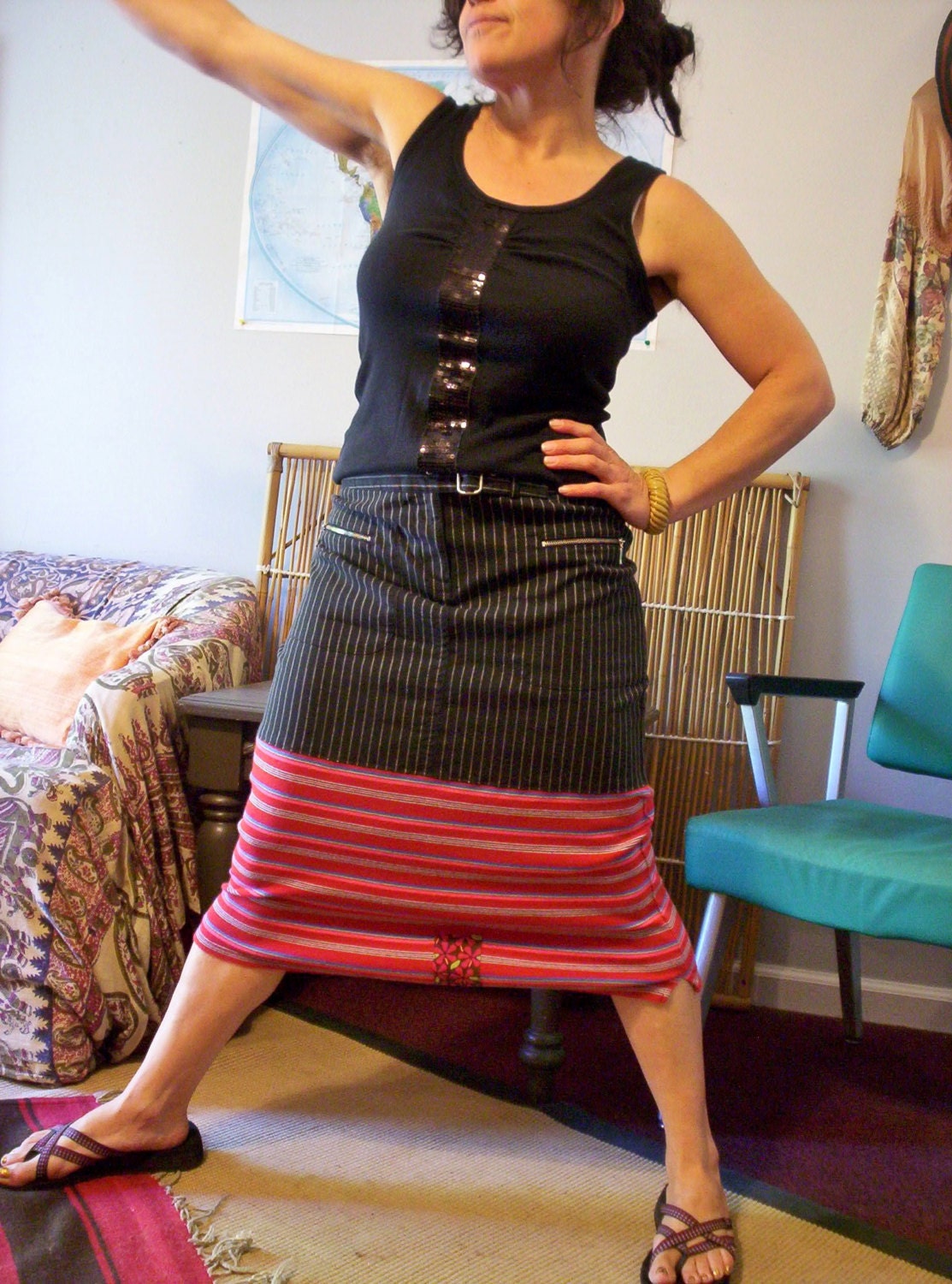 CRAZY STRIPE SKIRT Black Red Pink Stretchy Mod Hipster Upcycled