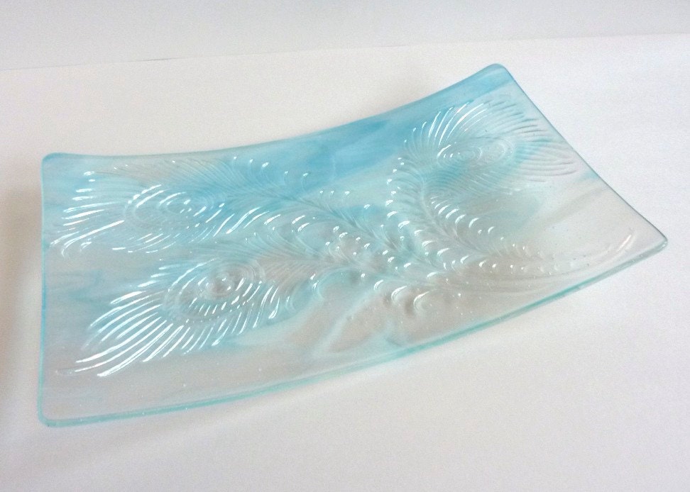 Fused Glass Peacock Feather Imprint Platter in Turquoise and White Irridescent Glass