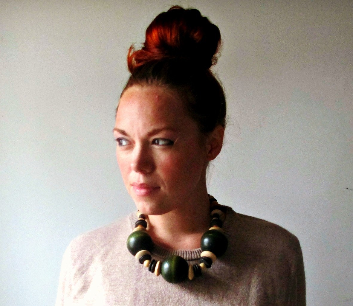 Chunky Statement Necklace. Vintage Wood Beads. Earth Tones