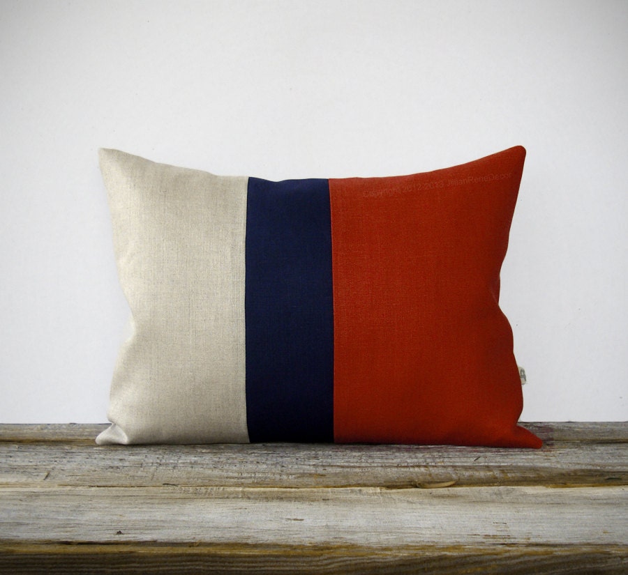 Color Block Stripe Pillow in Rust, Navy and Natural Linen by JillianReneDecor (12x16) Southwestern Home Decor Stripe Trio