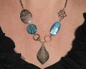 Brass bib necklace, Blue shell and brass asymmetrical unique necklace,  boho chic jewelry