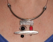 Abstract pendant necklace, silver, picasso red and onyx boho chic unique necklace , bohemian jewelry