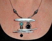 Funky statement necklace, silver, onyx and turquoise abstract necklace, bohemian metal jewelry