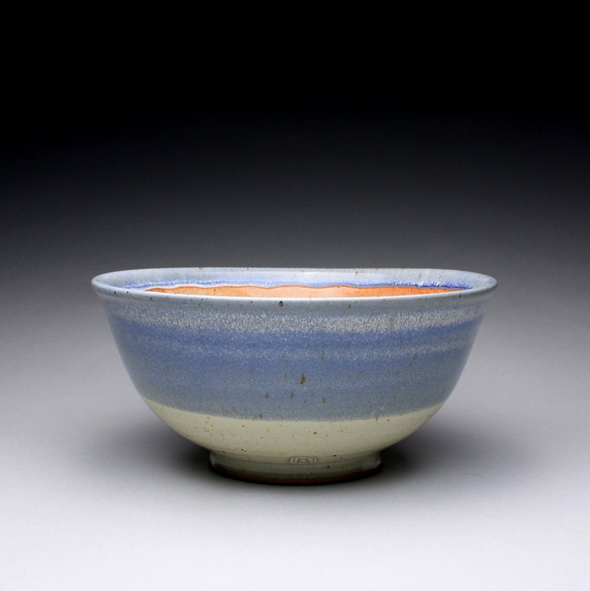 serving bowl, ceramic bowl, noodle bowl with orange shino, satin white and blue glazes