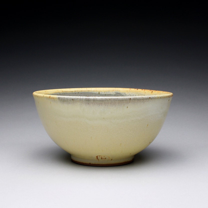handmade serving bowl, pottery bowl with satin yellow and green celadon glazes