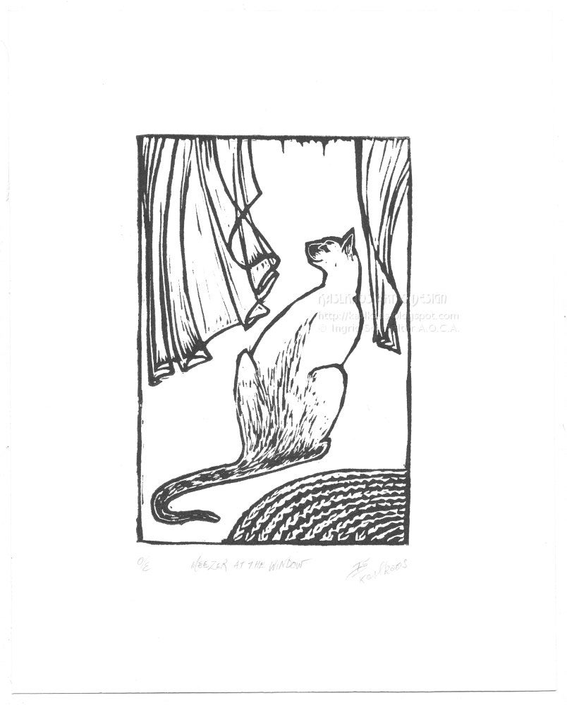 Siamese Cat  Art Print Black and White hand-pulled print linocut relief 8x10