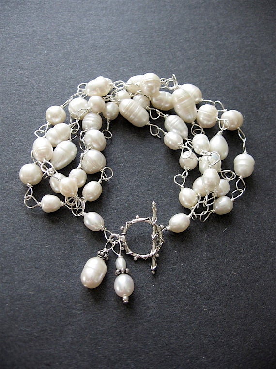 Pearl Statement Bracelet. Bridal Jewelry. Wire Wrapped Pearl Bracelet - Coco