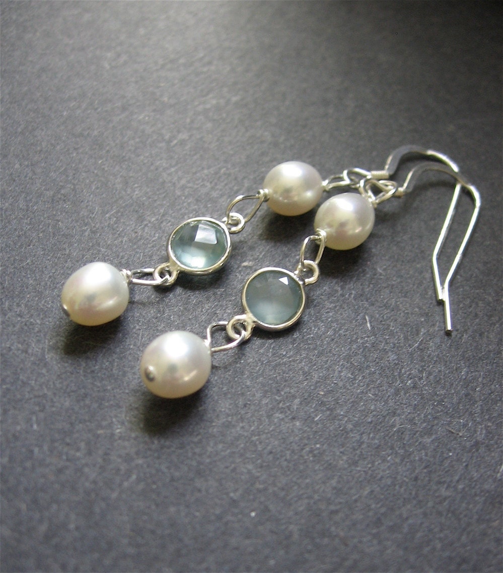 Long Pearl Chalcedony Earrings. Pearl Wire Wrapped Earrings. Bridal Jewelry  - Breeze Earrings
