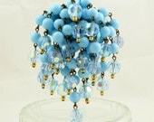 Vintage 60s Beaded Cascade Brooch Chandelier Pin Turquoise Blue Glass Beads Chunky Statement