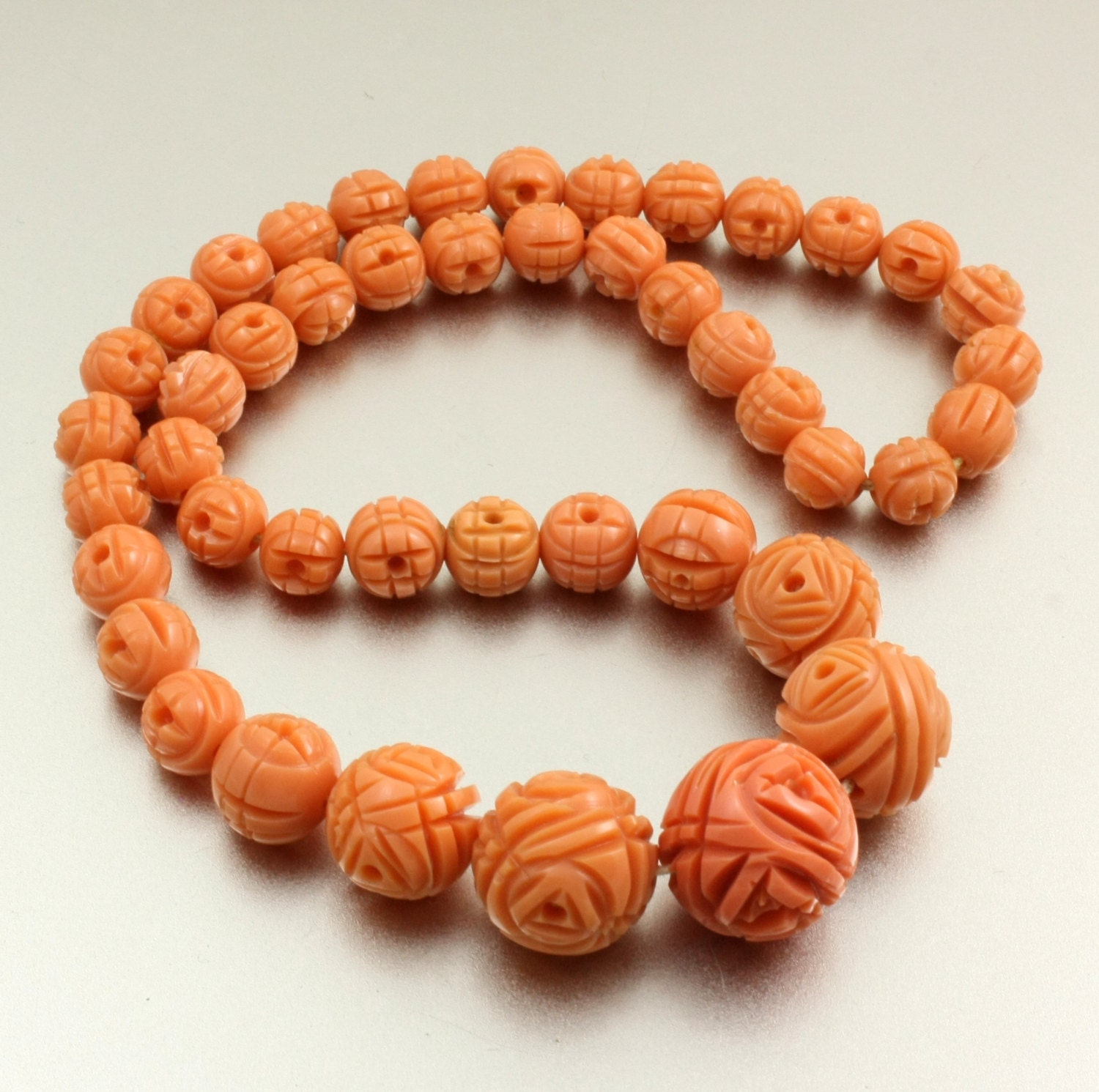 Vintage Carved Celluloid Coral Rose Beaded Necklace Art Deco