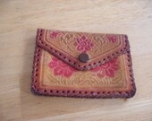 Vintage Handmade Hand Tooled Hand Sewn Brown Leather Wallet with Flower Design and Snap Closure