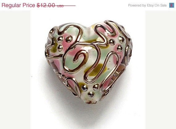 ON SALE 30% OFF Handmade Glass Lampwork Beads - 11812805- Heart Focal Bead - Light Pink w/Metal Stringer