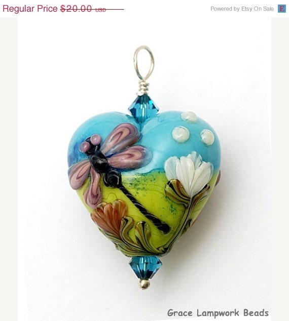 ON SALE 40% OFF HP11816905-Purple Dragonfly w/Orange Flora Heart Pendant-Sterling Silver Findings-Handmade Glass Lampwork Bead