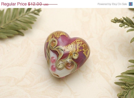 ON SALE 40% OFF Cranberry Treasure Heart Focal Bead - Handmade Glass Lampwork Bead -11818405
