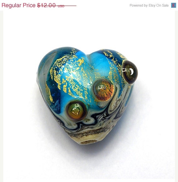ON SALE 40% OFF Aqua Treasure Heart Focal Bead - Handmade Glass Lampwork Bead - 11819805 - Gold Foil