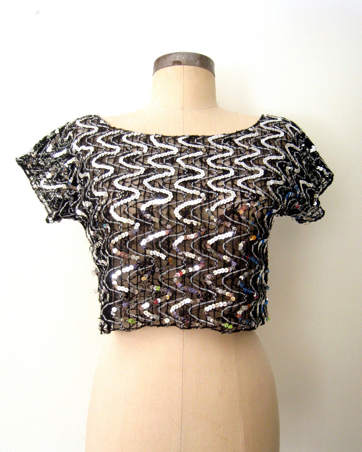 80s Sequin Blouse // Cropped Top // Lace & Sequins