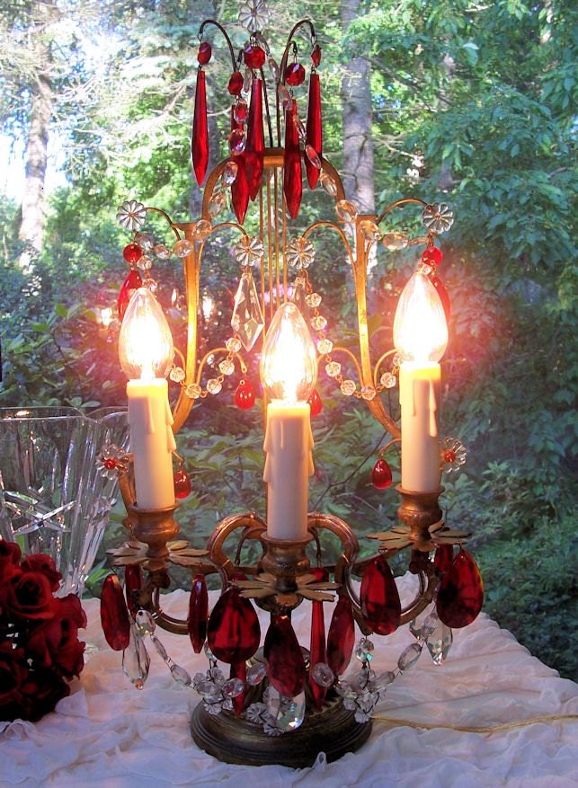 Antique Lyre Table Lamp Girandole Candelabra Ruby Red Crystals