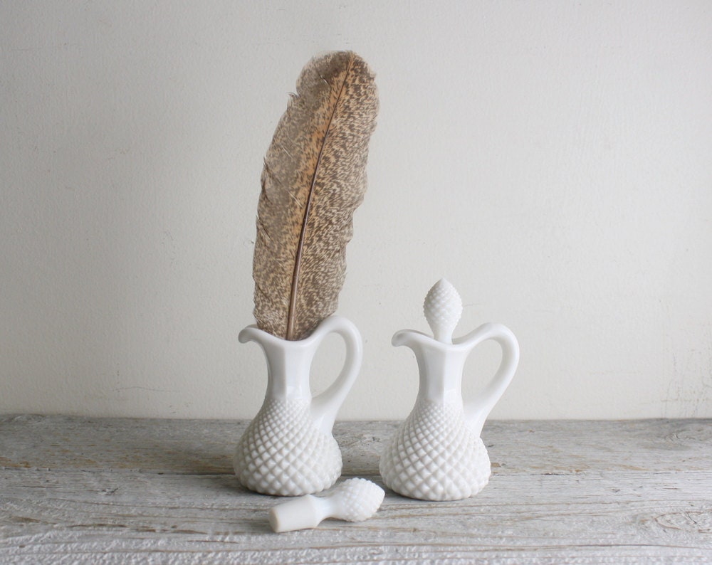 Pair of Tiny Vintage Milk Glass Cruets / Bottles