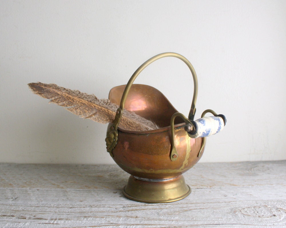 Vintage Copper and Brass Scuttle with Delft and Lion Heads Handle