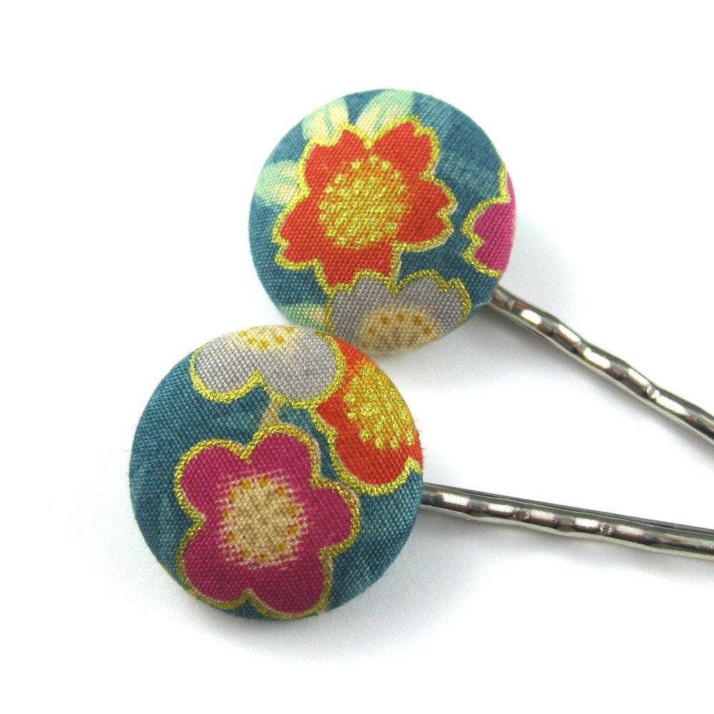 Cherry Blossom Bobby Pins - Japanese Blossom Fabric Covered Buttons - Flower Print