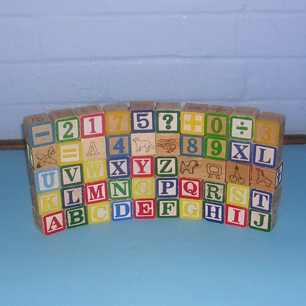 50 Antique Vintage Wood Blocks Wooden Blocks Toy Blocks Pictures Numbers Alphabet Blocks